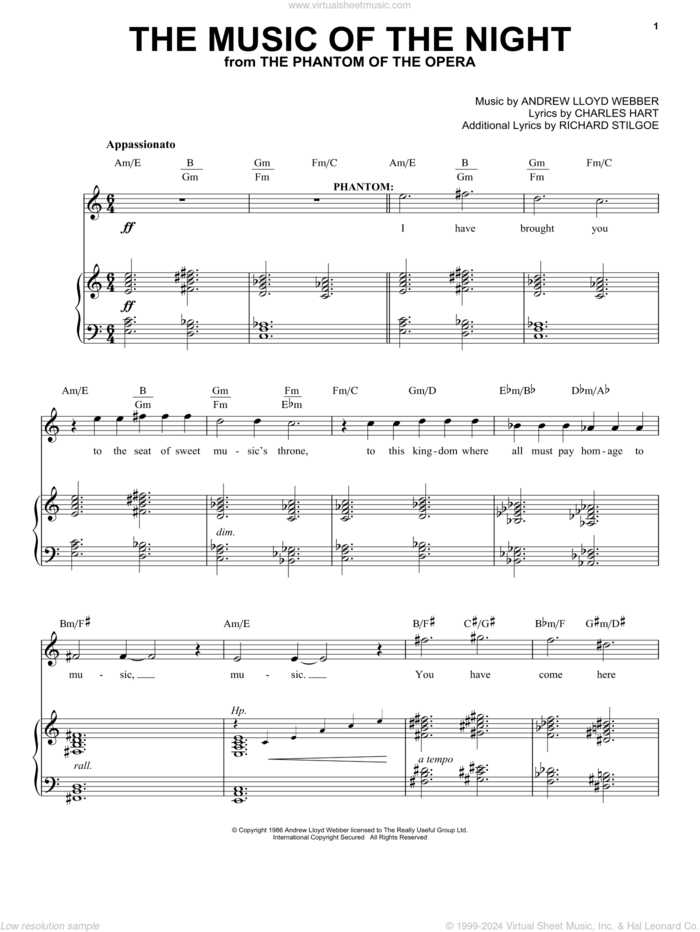 The Music Of The Night sheet music for voice and piano by Andrew Lloyd Webber and Phantom Of The Opera (Musical), intermediate skill level