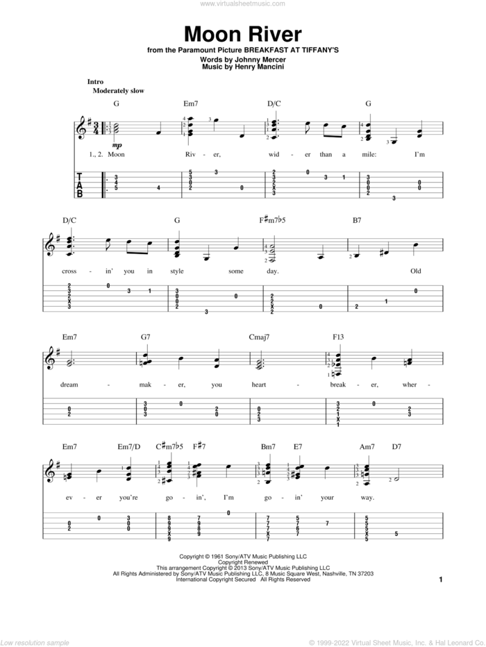 Moon River sheet music for guitar solo by Henry Mancini and Andy Williams, wedding score, intermediate skill level