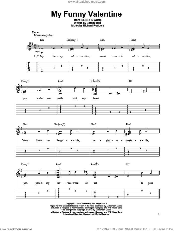 My Funny Valentine sheet music for guitar solo by Richard Rodgers and Lorenz Hart, intermediate skill level