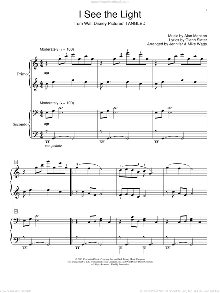 I See The Light (from Tangled) sheet music for piano four hands by Alan Menken, intermediate skill level