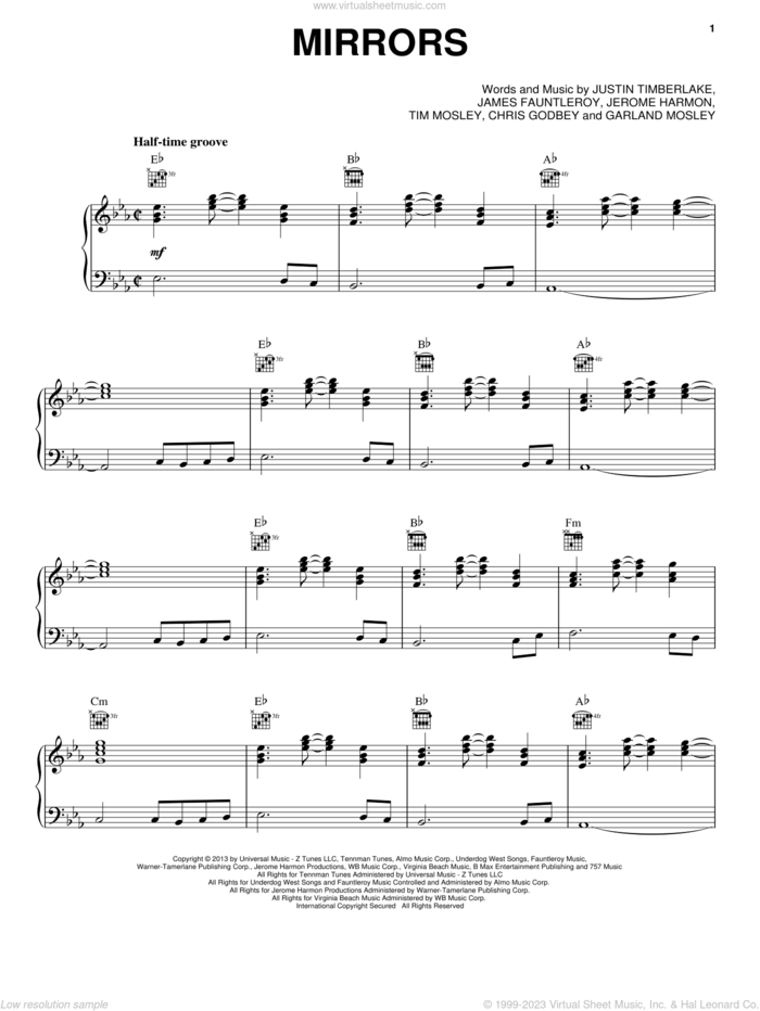 Mirrors sheet music for voice, piano or guitar by Justin Timberlake, intermediate skill level