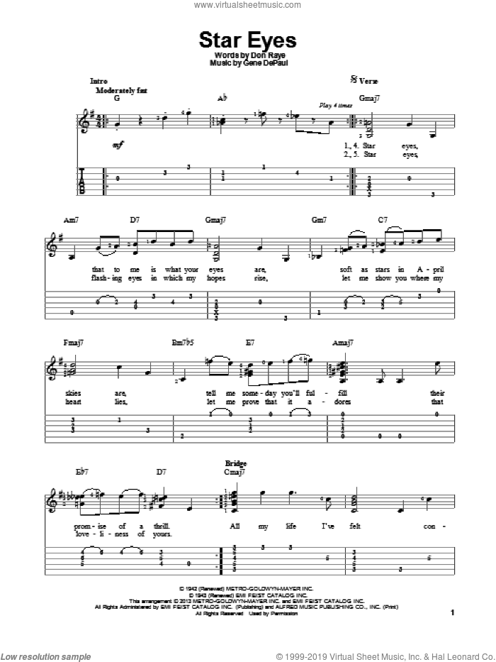Star Eyes sheet music for guitar solo by Charlie Parker, intermediate skill level