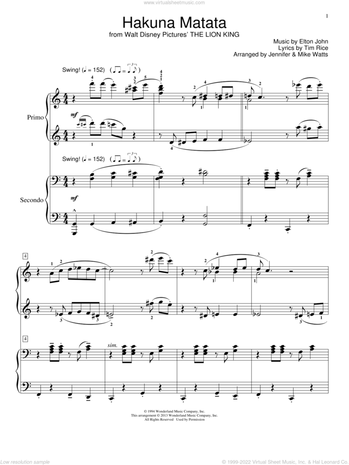 Hakuna Matata (from The Lion King) (arr. Jennifer and Mike Watts) sheet music for piano four hands by Elton John, Jennifer Watts, Mike Watts and Tim Rice, intermediate skill level