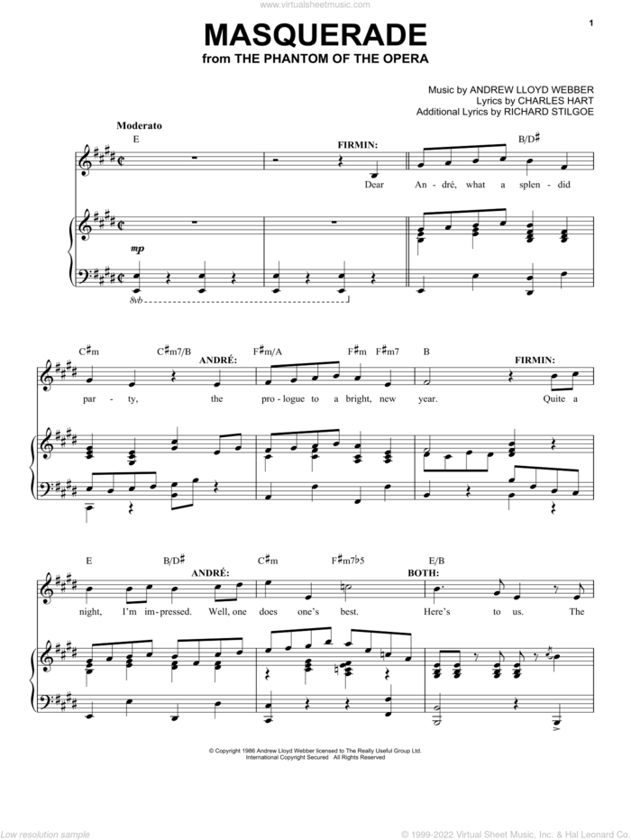 Masquerade (from The Phantom Of The Opera) sheet music for voice and piano by Andrew Lloyd Webber and Charles Hart, intermediate skill level
