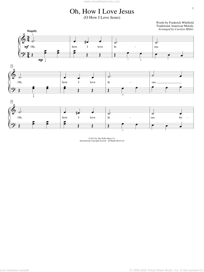 Oh, How I Love Jesus (O How I Love Jesus) sheet music for piano solo (elementary) by Carolyn Miller, beginner piano (elementary)