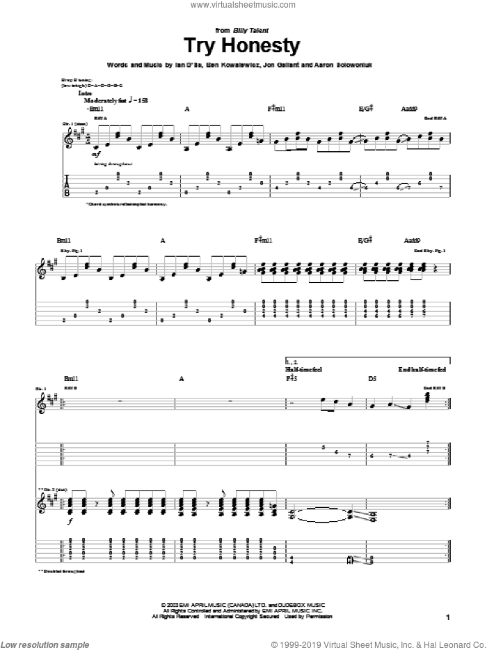 Try Honesty sheet music for guitar (tablature) by Billy Talent, Aaron Solowoniuk, Ben Kowalewicz and Jon Gallant, intermediate skill level