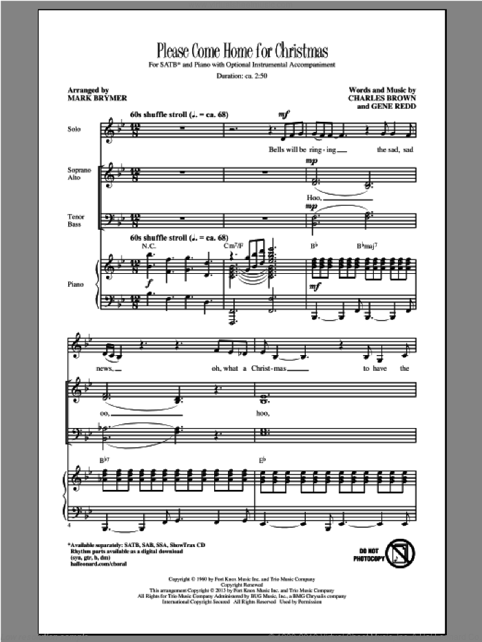 Please Come Home For Christmas (arr. Mark Brymer) sheet music for choir (SATB: soprano, alto, tenor, bass) by Cee Lo Green, Charles Brown, Gene Redd and Mark Brymer, intermediate skill level