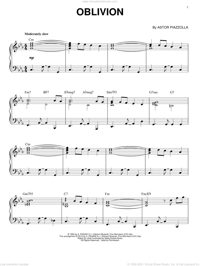 Oblivion sheet music for piano solo by Astor Piazzolla, classical score, intermediate skill level