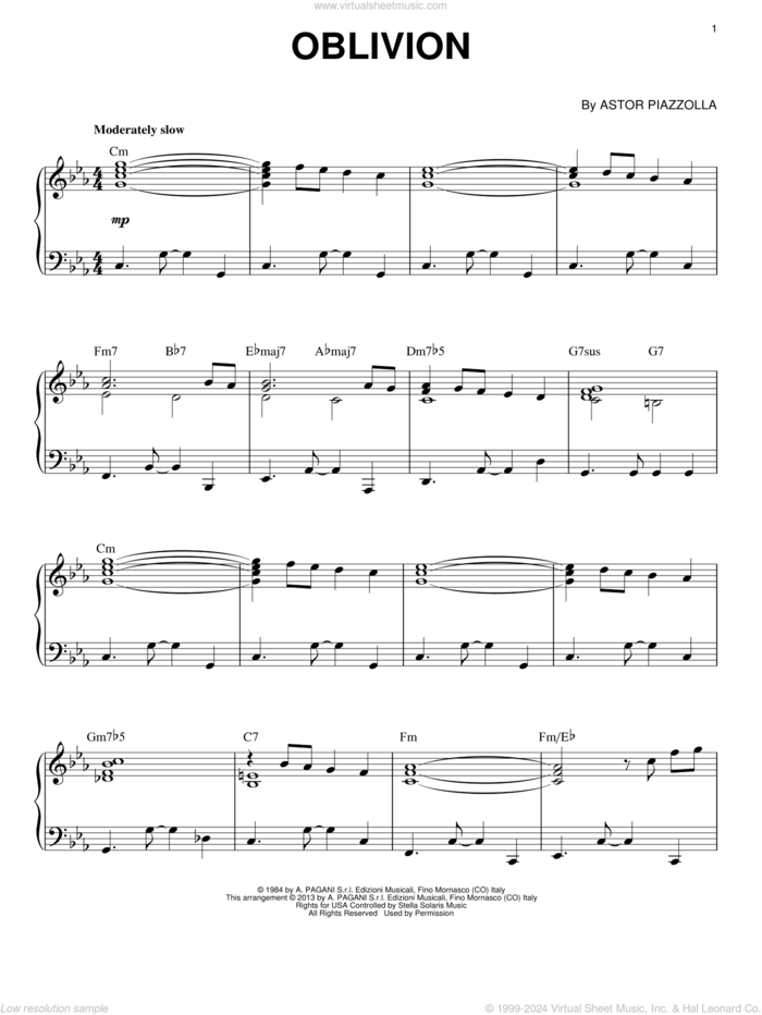 Oblivion sheet music for piano solo by Astor Piazzolla, classical score, intermediate skill level