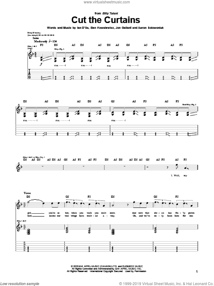 Cut The Curtains sheet music for guitar (tablature) by Billy Talent, Aaron Solowoniuk, Ben Kowalewicz and Jon Gallant, intermediate skill level