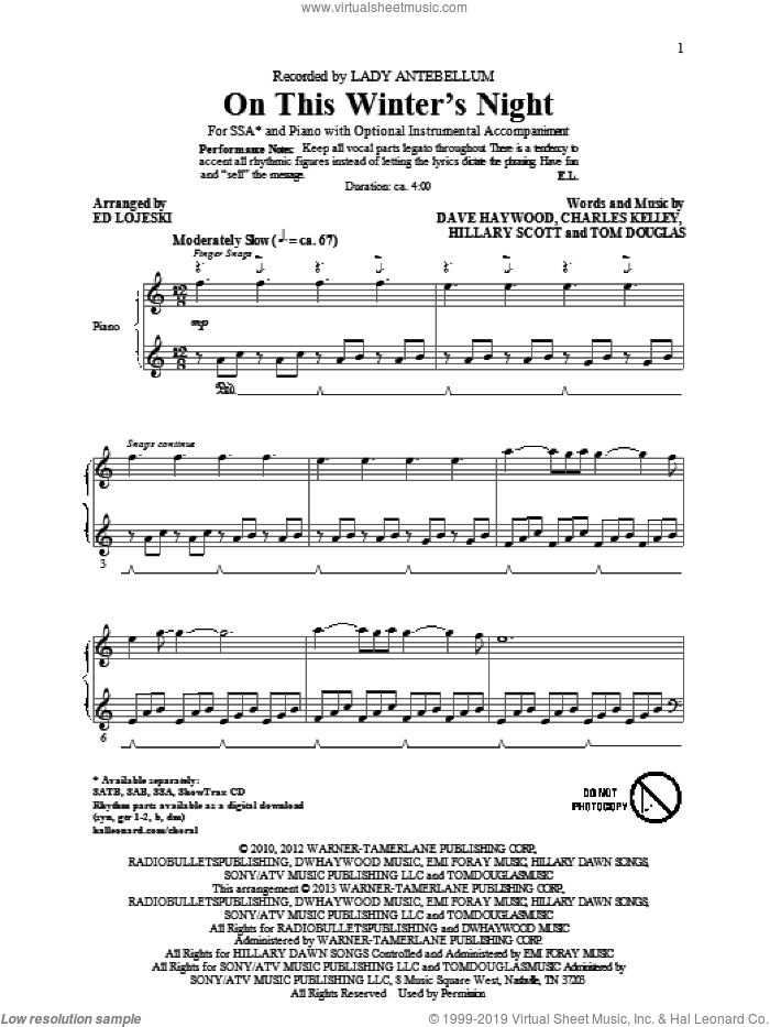 On This Winter's Night (arr. Ed Lojeski) sheet music for choir (SSA: soprano, alto) by Lady A, Ed Lojeski and Lady Antebellum, intermediate skill level