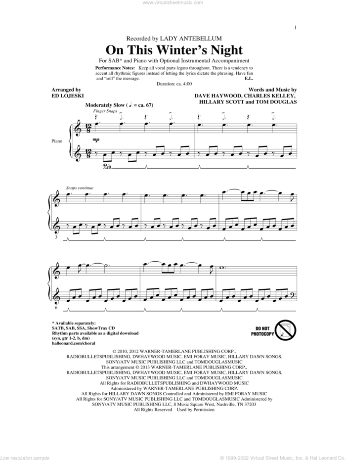 On This Winter's Night (arr. Ed Lojeski) sheet music for choir (SAB: soprano, alto, bass) by Lady A, Ed Lojeski and Lady Antebellum, intermediate skill level