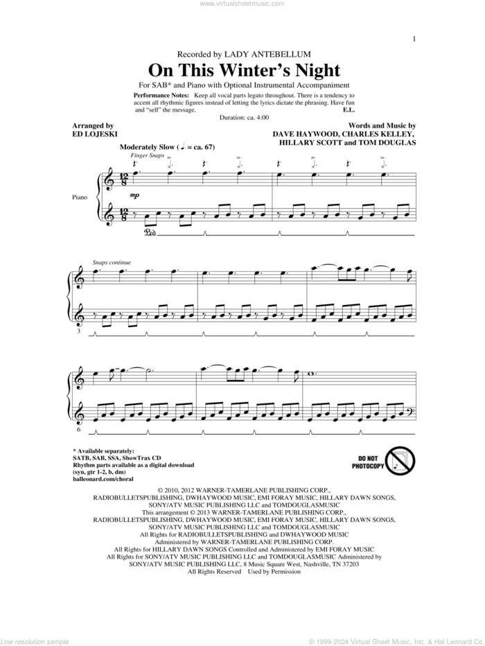 On This Winter's Night (arr. Ed Lojeski) sheet music for choir (SAB: soprano, alto, bass) by Lady A, Ed Lojeski and Lady Antebellum, intermediate skill level