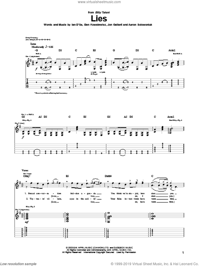Lies sheet music for guitar (tablature) by Billy Talent, Aaron Solowoniuk, Ben Kowalewicz and Jon Gallant, intermediate skill level
