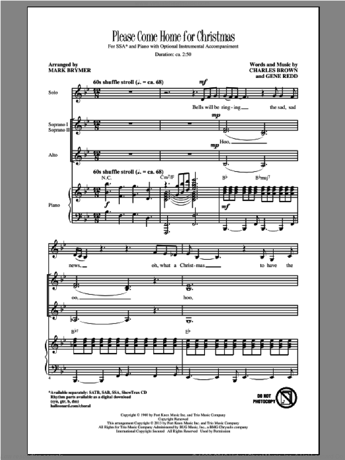 Please Come Home For Christmas (arr. Mark Brymer) sheet music for choir (SSA: soprano, alto) by Cee Lo Green, Charles Brown, Gene Redd and Mark Brymer, intermediate skill level