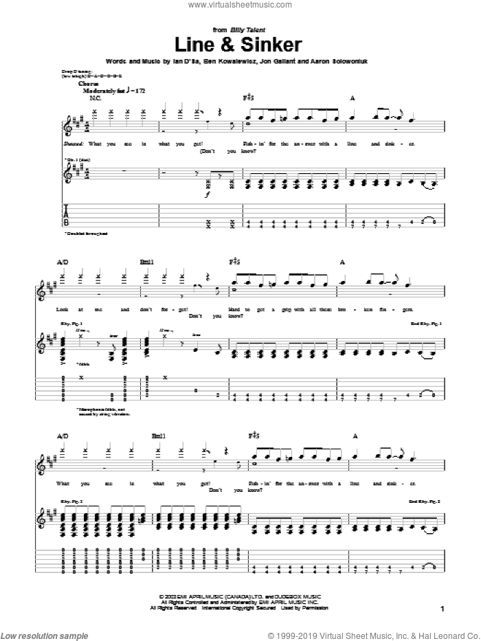 Line and Sinker sheet music for guitar (tablature) by Billy Talent, Aaron Solowoniuk, Ben Kowalewicz and Jon Gallant, intermediate skill level