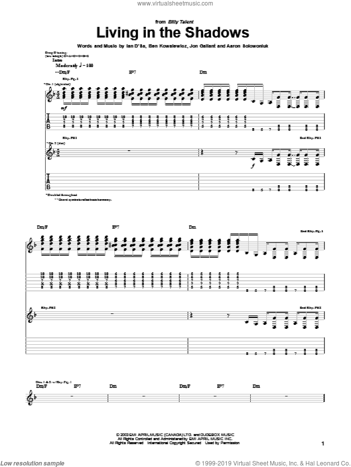 Living In The Shadows sheet music for guitar (tablature) by Billy Talent, Aaron Solowoniuk, Ben Kowalewicz and Jon Gallant, intermediate skill level