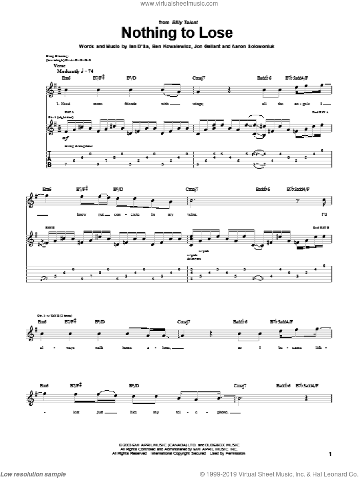 Nothing To Lose sheet music for guitar (tablature) by Billy Talent, Aaron Solowoniuk, Ben Kowalewicz and Jon Gallant, intermediate skill level