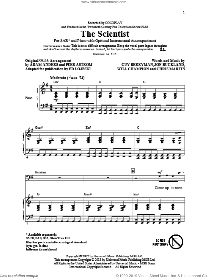 The Scientist (arr. Ed Lojeski) sheet music for choir (SAB: soprano, alto, bass) by Coldplay, Glee Cast and Ed Lojeski, intermediate skill level