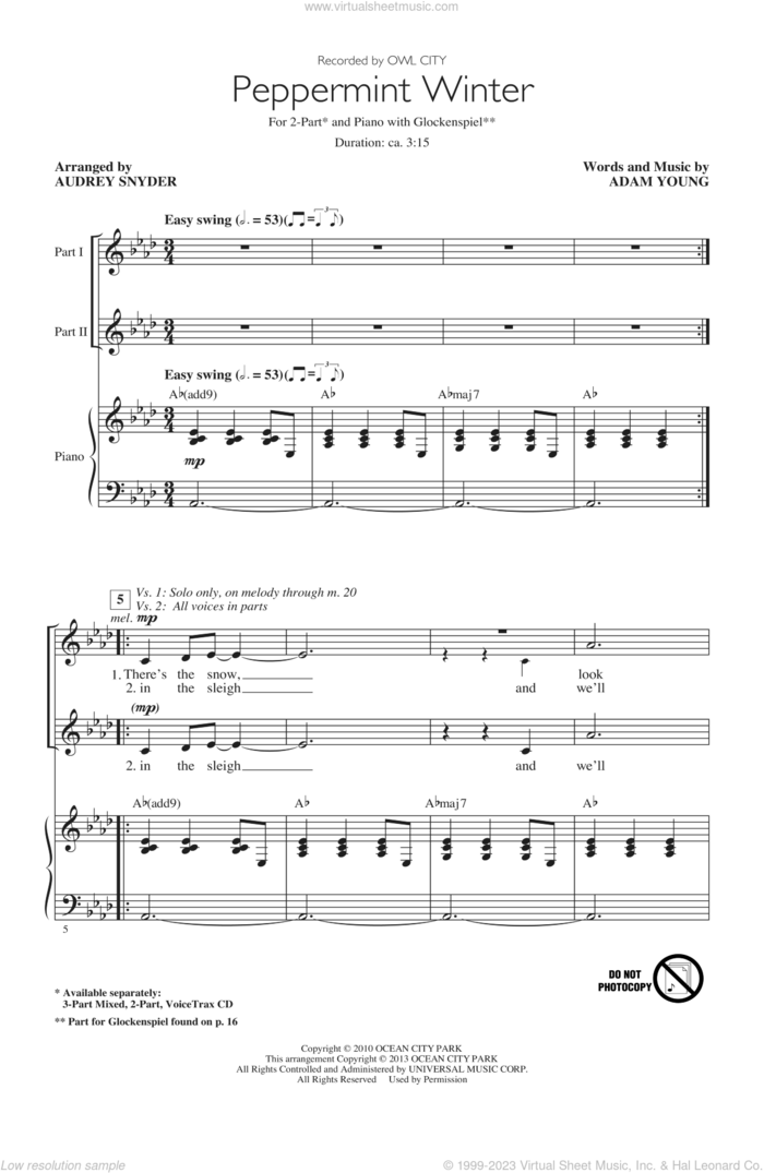 Peppermint Winter sheet music for choir (2-Part) by Audrey Snyder and Owl City, intermediate duet