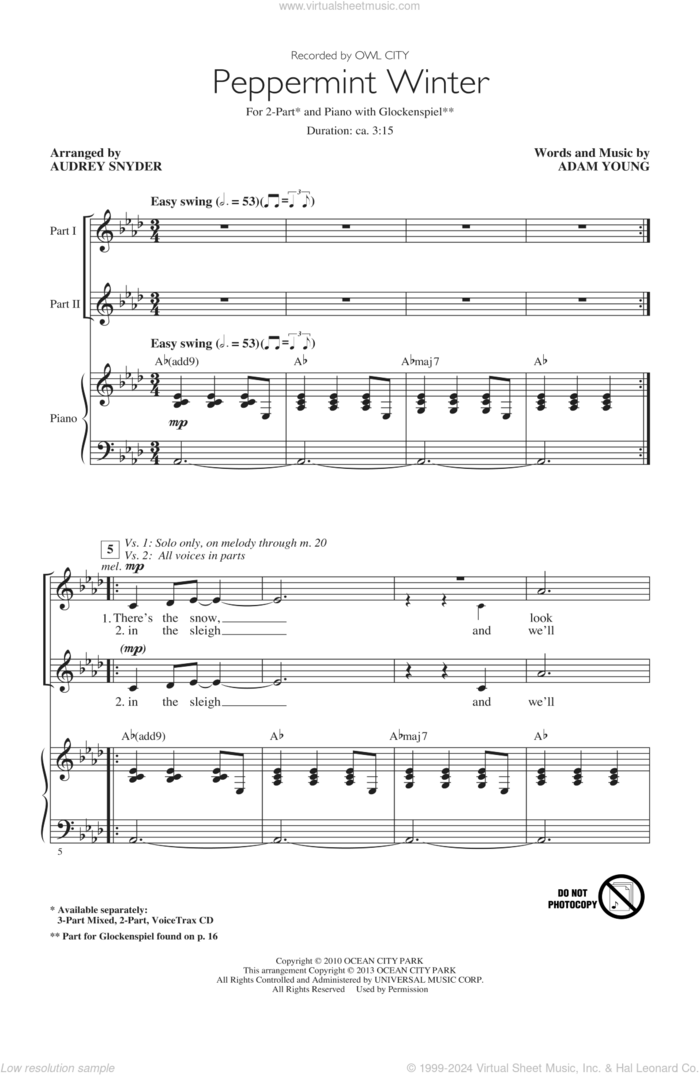 Peppermint Winter sheet music for choir (2-Part) by Audrey Snyder and Owl City, intermediate duet