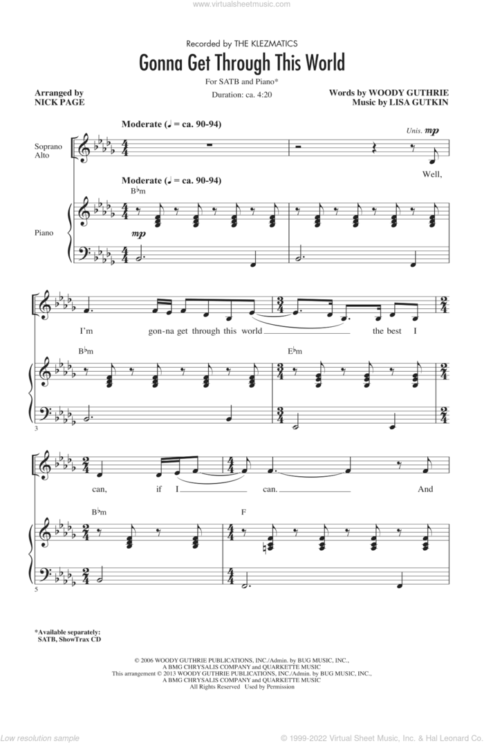Gonna Get Through This World sheet music for choir (SATB: soprano, alto, tenor, bass) by Nick Page, Klezmatics and The Klezmatics, intermediate skill level