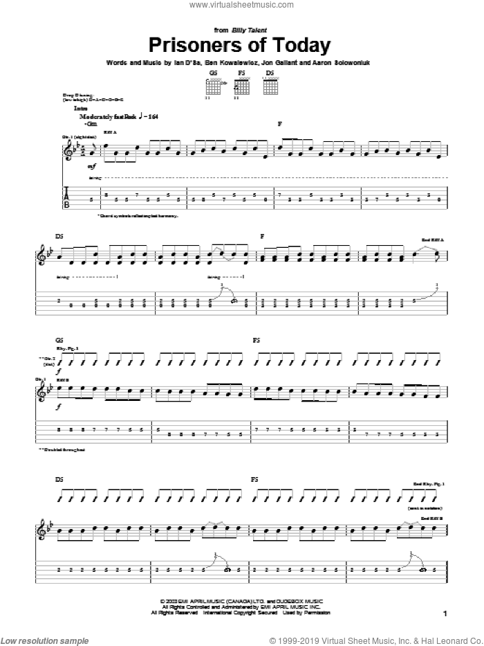 Prisoners Of Today sheet music for guitar (tablature) by Billy Talent, Aaron Solowoniuk, Ben Kowalewicz and Jon Gallant, intermediate skill level