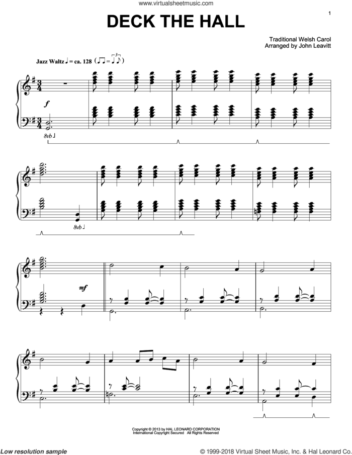Deck The Hall sheet music for piano solo by John Leavitt, intermediate skill level