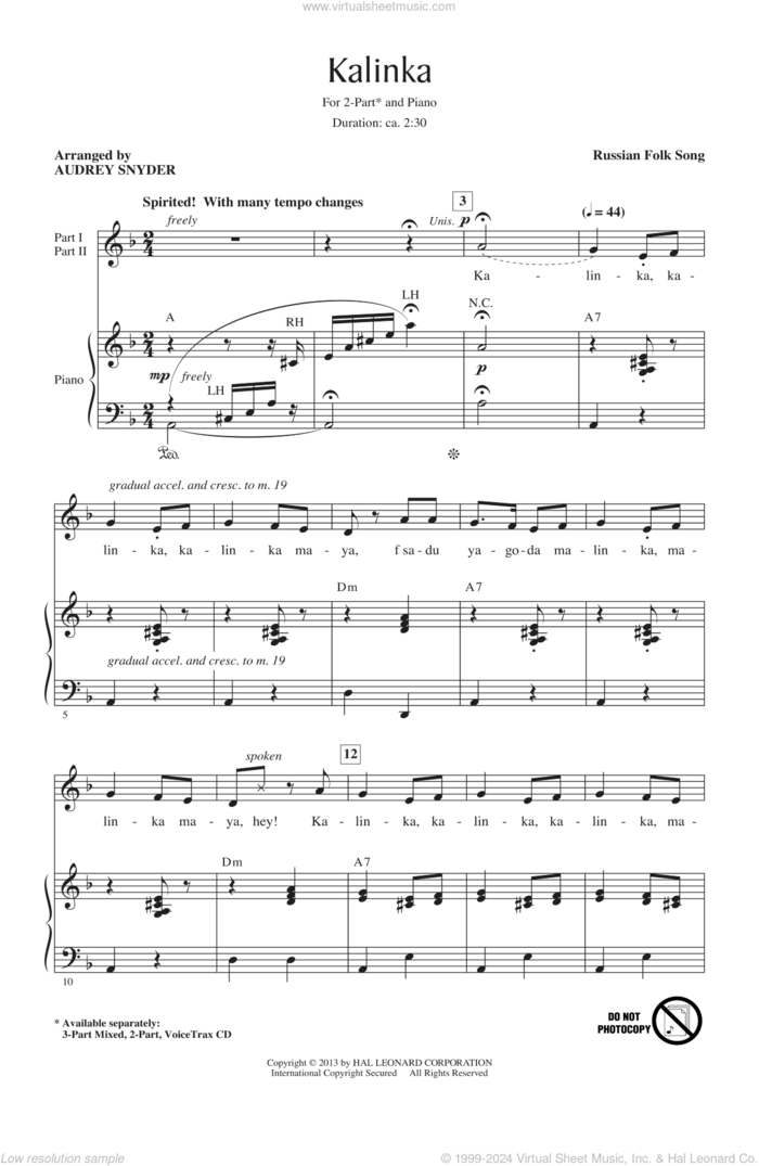 Kalinka (Little Snowball Bush) sheet music for choir (2-Part) by Audrey Snyder and Miscellaneous, intermediate duet