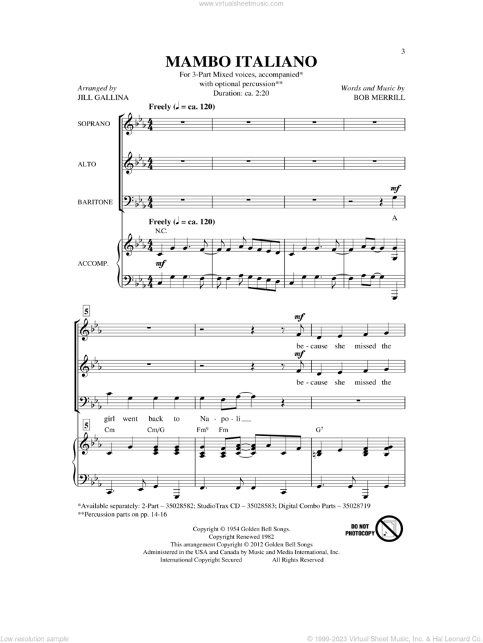 Mambo Italiano (arr. Jill Gallina) sheet music for choir (3-Part Mixed) by Bob Merrill and Jill Gallina, intermediate skill level
