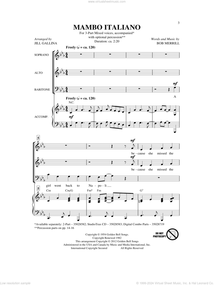 Mambo Italiano (arr. Jill Gallina) sheet music for choir (3-Part Mixed) by Bob Merrill and Jill Gallina, intermediate skill level