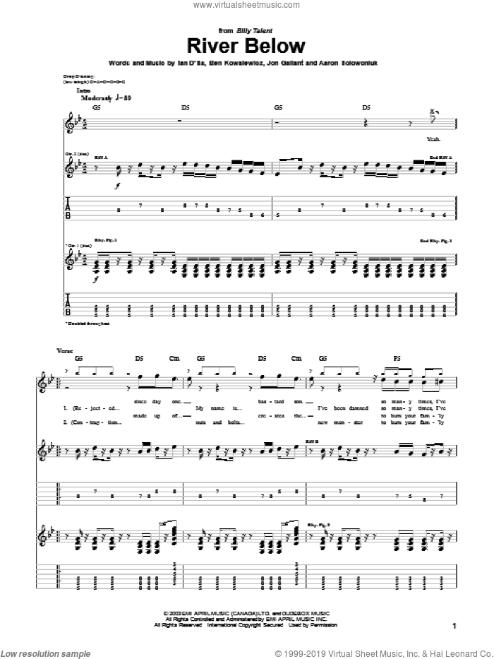 River Below sheet music for guitar (tablature) by Billy Talent, Aaron Solowoniuk, Ben Kowalewicz and Jon Gallant, intermediate skill level