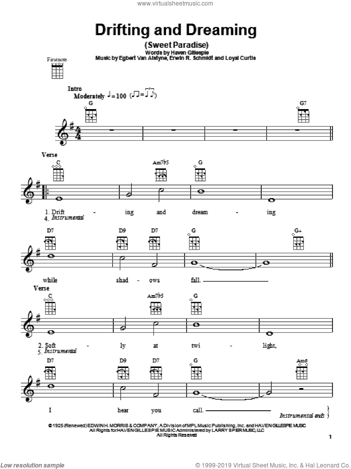 Drifting And Dreaming (Sweet Paradise) sheet music for ukulele by Erwin R. Schmidt, Egbert Van Alstyne and Haven Gillespie, intermediate skill level