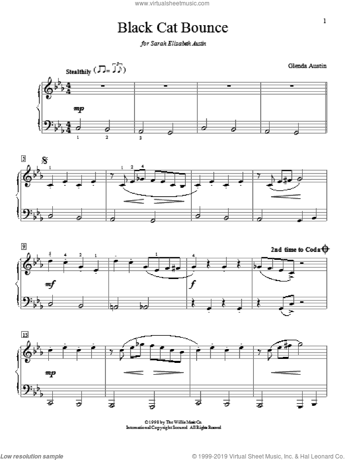 Black Cat Bounce sheet music for piano solo (elementary) by Glenda Austin, beginner piano (elementary)