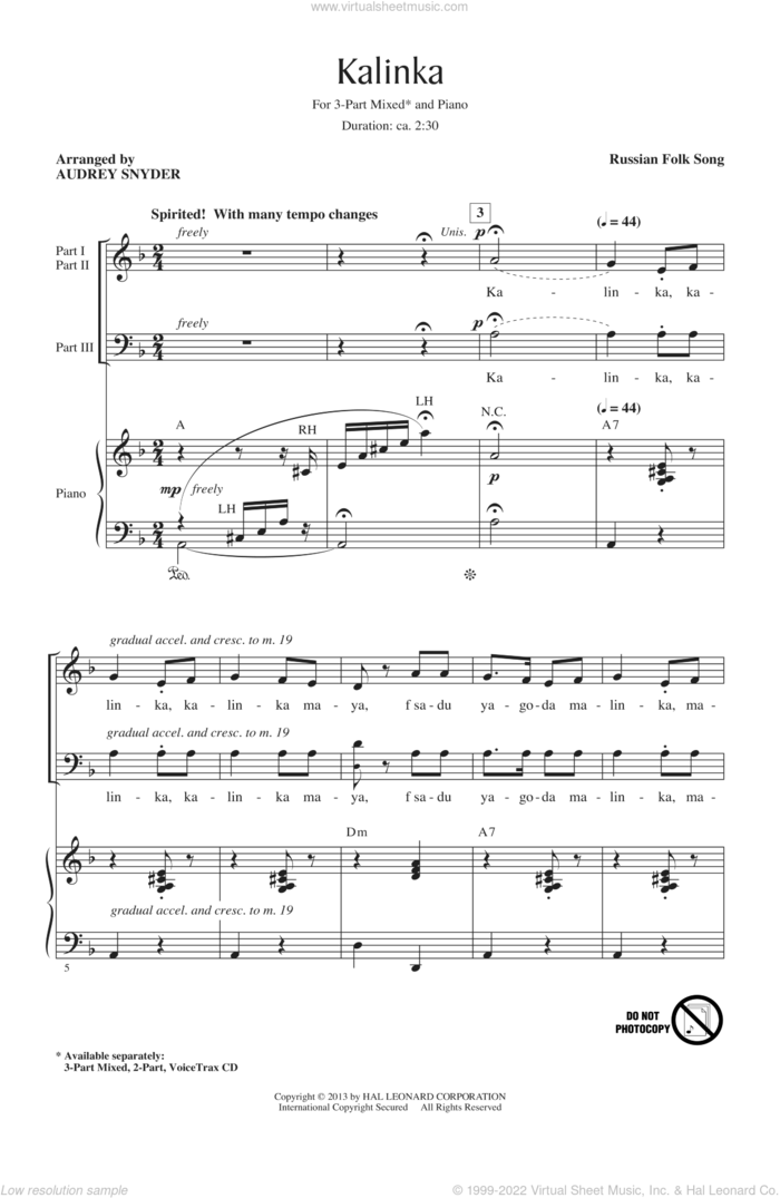 Kalinka (Little Snowball Bush) sheet music for choir (3-Part Mixed) by Audrey Snyder and Miscellaneous, intermediate skill level