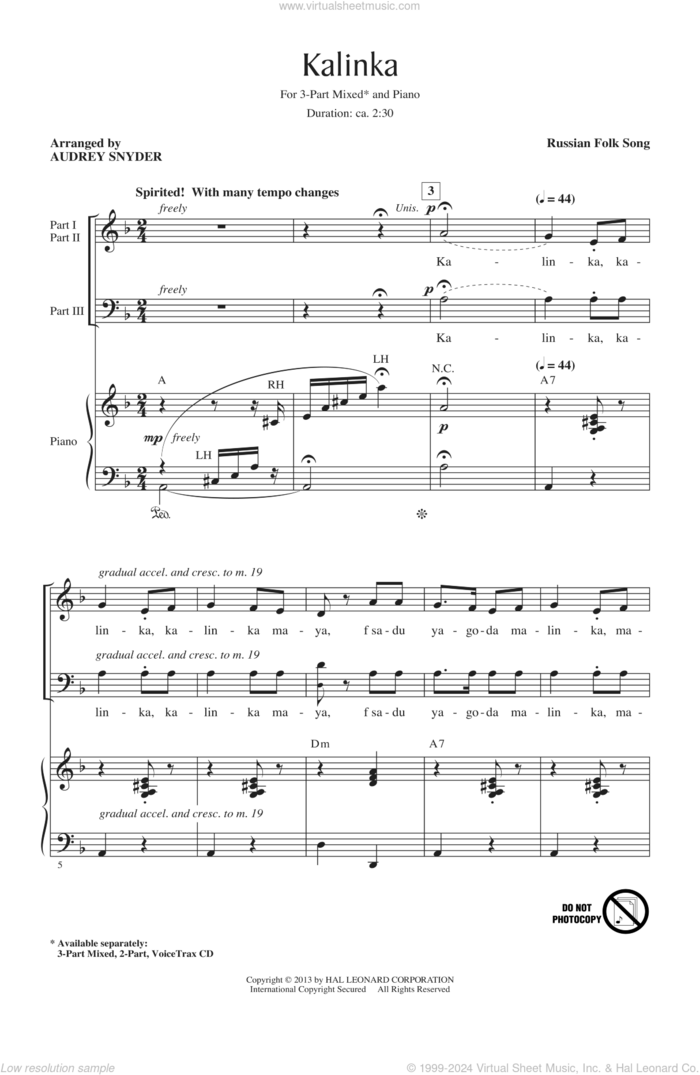 Kalinka (Little Snowball Bush) sheet music for choir (3-Part Mixed) by Audrey Snyder and Miscellaneous, intermediate skill level