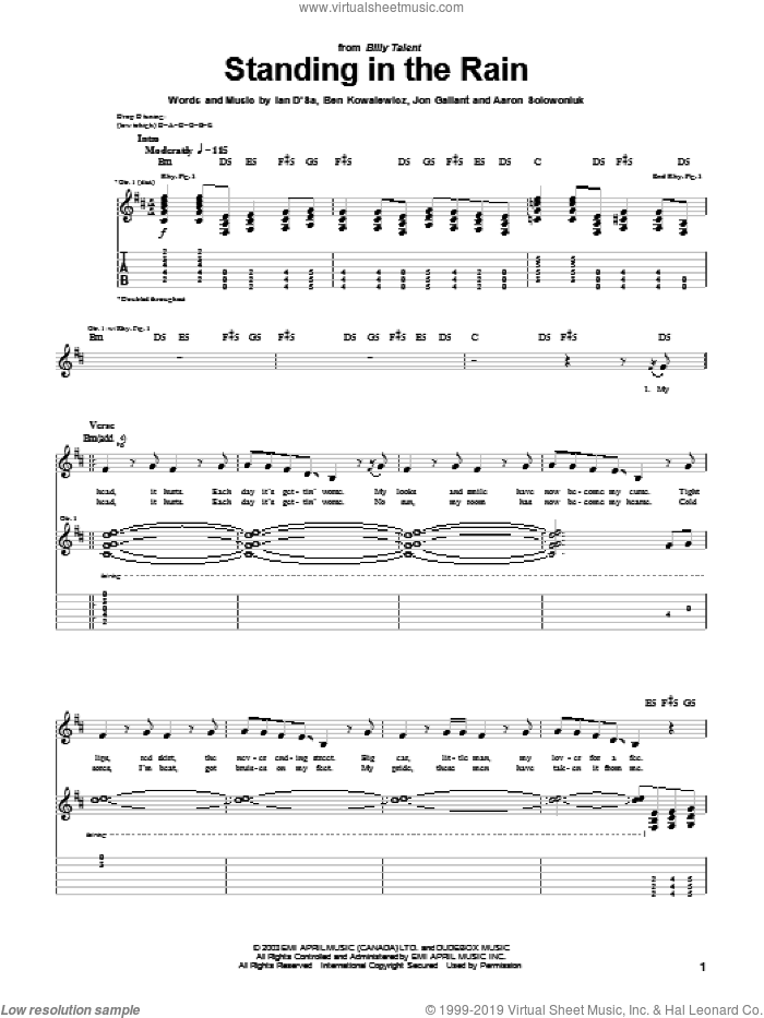 Standing In The Rain sheet music for guitar (tablature) by Billy Talent, Aaron Solowoniuk, Ben Kowalewicz and Jon Gallant, intermediate skill level