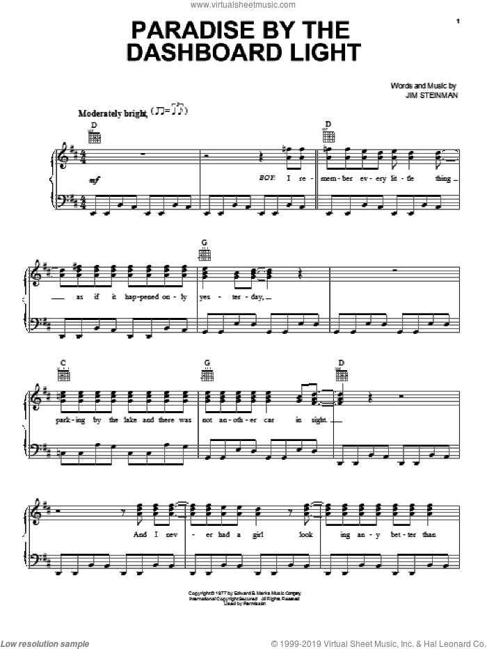 Paradise By The Dashboard Light sheet music for voice, piano or guitar by Meat Loaf and Jim Steinman, intermediate skill level
