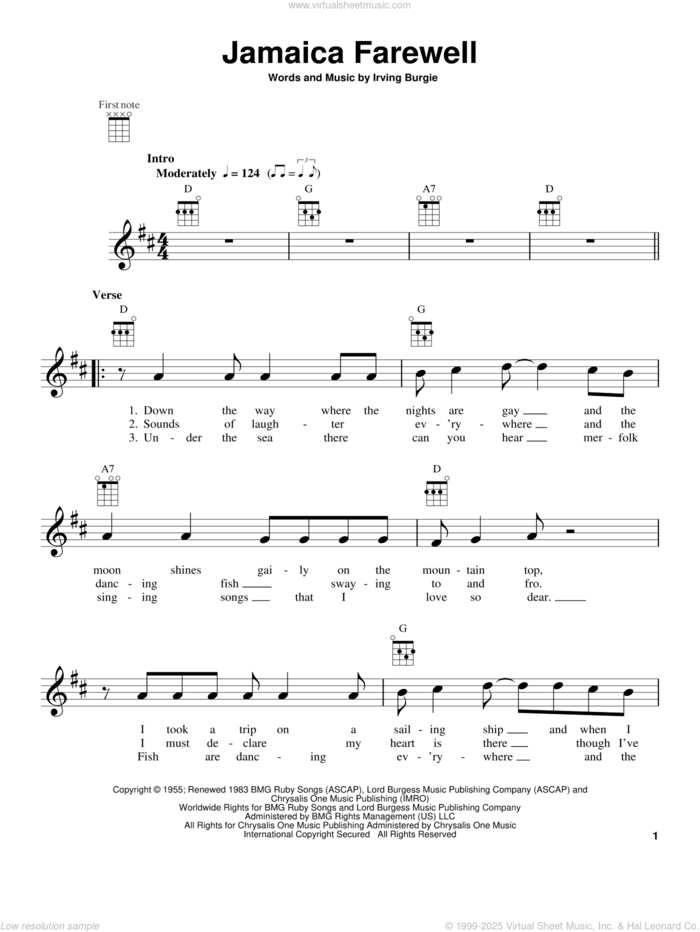 Jamaica Farewell sheet music for ukulele by Harry Belafonte and Irving Burgie, intermediate skill level