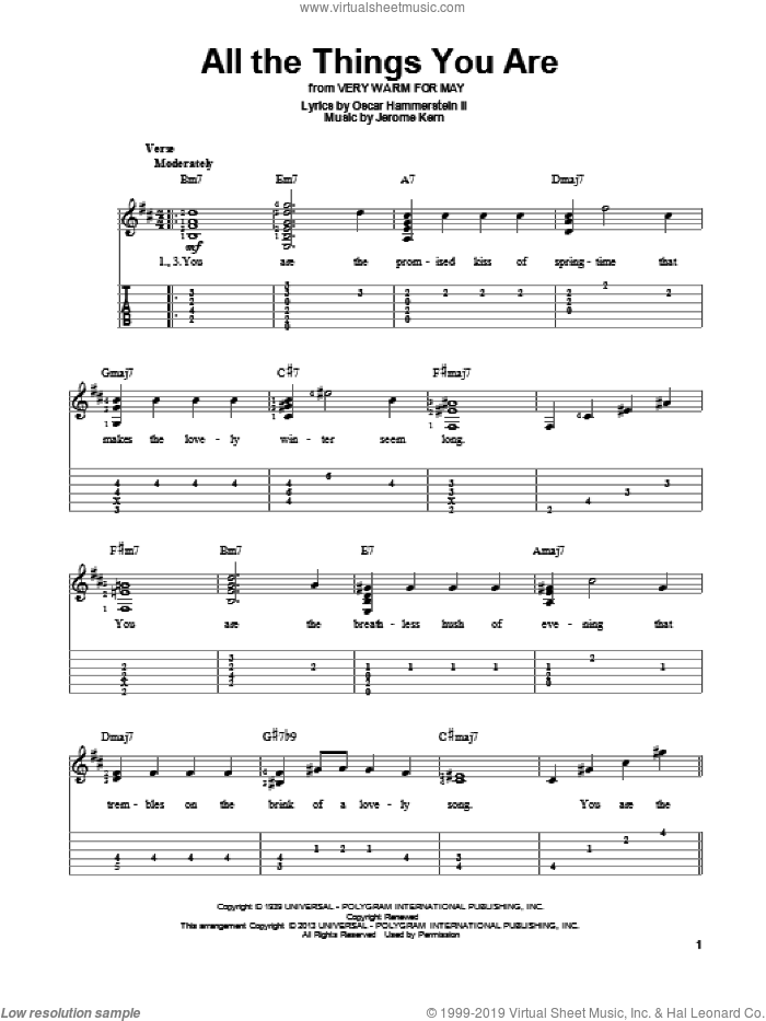 All The Things You Are sheet music for guitar solo by Oscar II Hammerstein and Jerome Kern, intermediate skill level