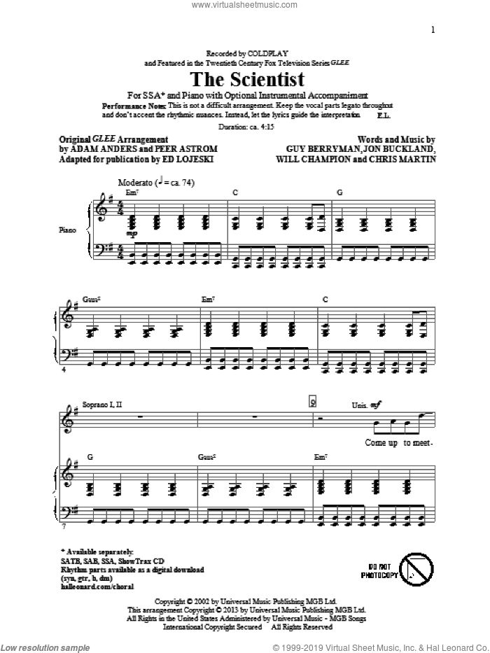 The Scientist (arr. Ed Lojeski) sheet music for choir (SSA: soprano, alto) by Coldplay, Glee Cast and Ed Lojeski, intermediate skill level