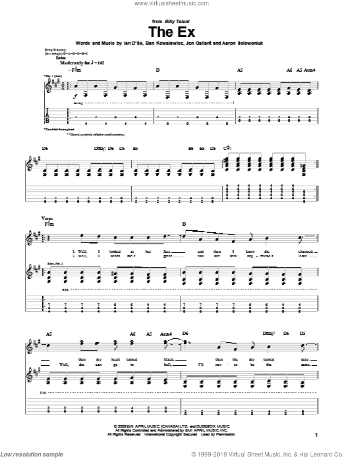 The Ex sheet music for guitar (tablature) by Billy Talent, Aaron Solowoniuk, Ben Kowalewicz and Jon Gallant, intermediate skill level