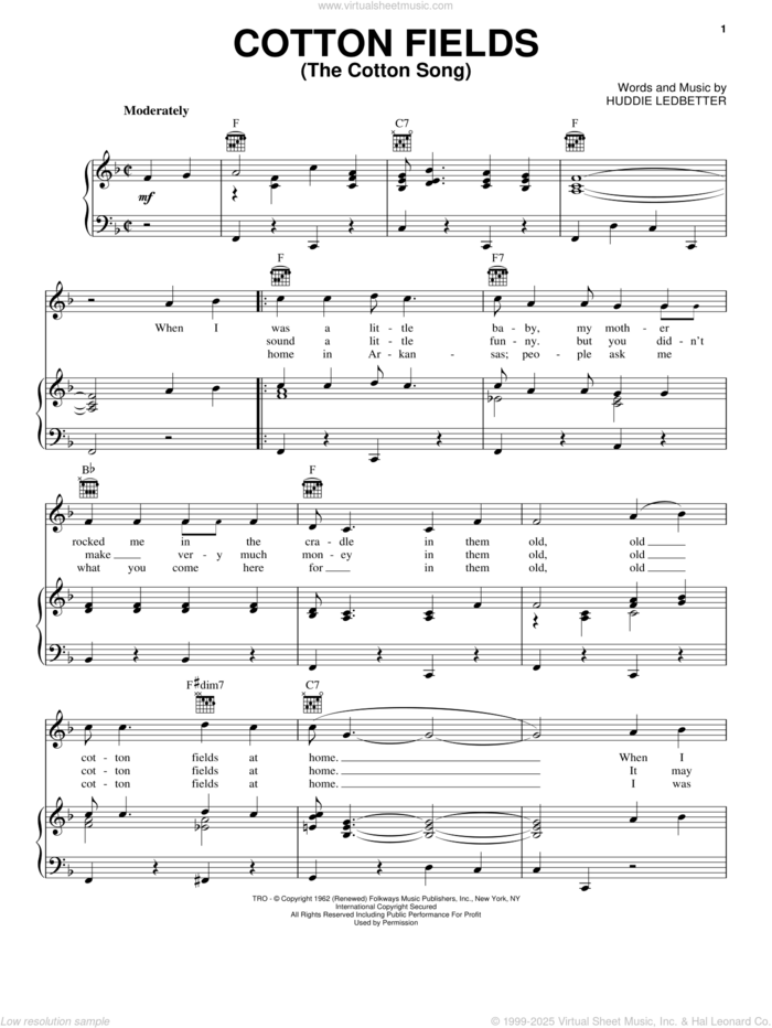 Cotton Fields (The Cotton Song) sheet music for voice, piano or guitar by Huddie Ledbetter, Creedence Clearwater Revival and The Highwaymen, intermediate skill level