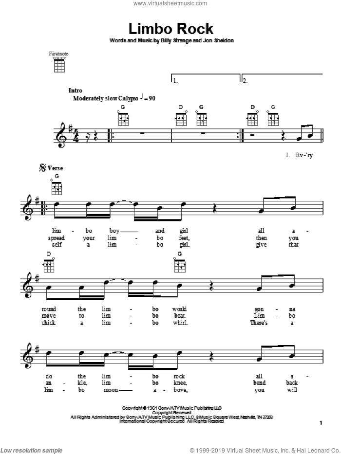 Limbo Rock sheet music for ukulele by Chubby Checker, Billy Strange and Jon Sheldon, intermediate skill level