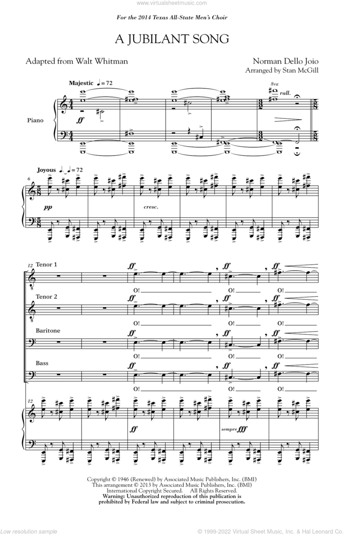 A Jubilant Song sheet music for choir (TTBB: tenor, bass) by Norman Dello Joio and Stan McGill, intermediate skill level