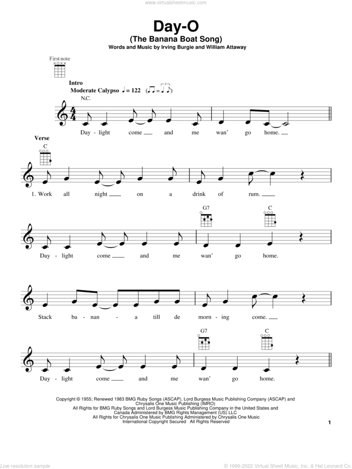Day-O (The Banana Boat Song) sheet music for ukulele by Harry Belafonte, Irving Burgie and William Attaway, intermediate skill level