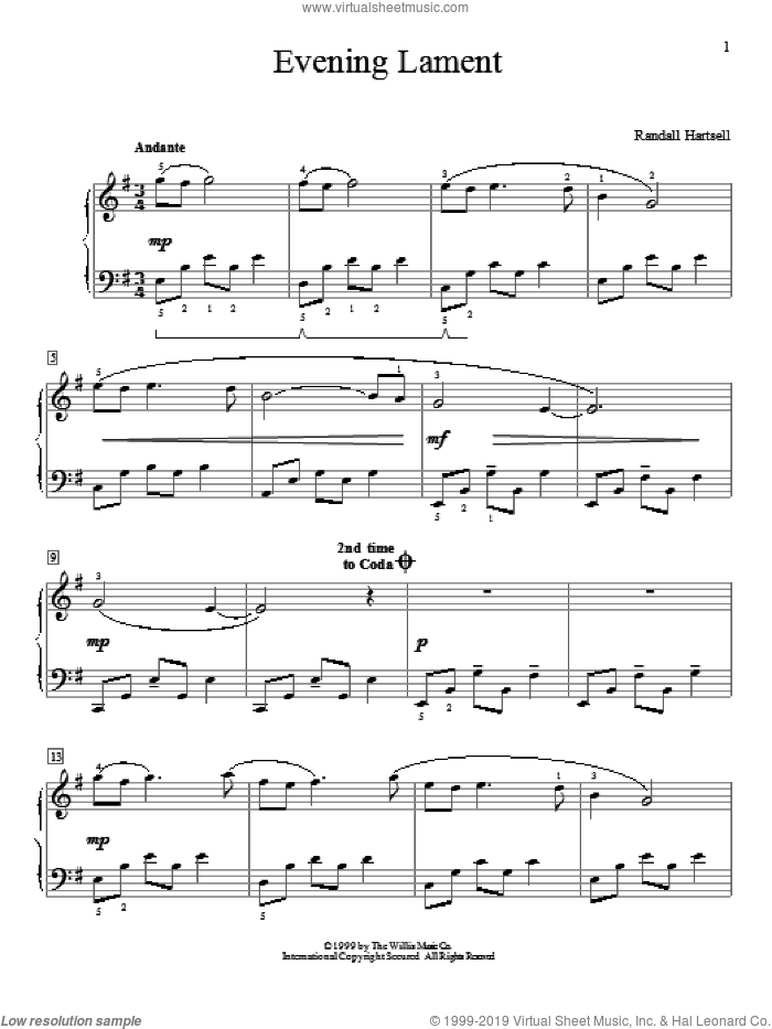 Evening Lament sheet music for piano solo (elementary) by Randall Hartsell, beginner piano (elementary)