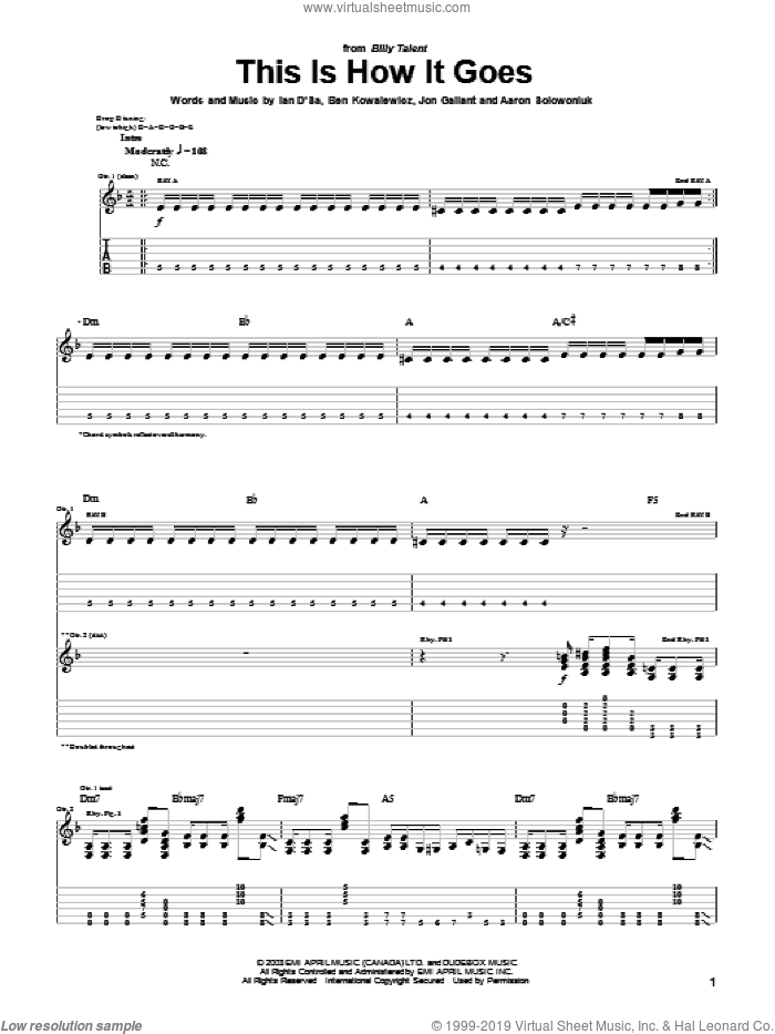 This Is How It Goes sheet music for guitar (tablature) by Billy Talent, Aaron Solowoniuk, Ben Kowalewicz and Jon Gallant, intermediate skill level