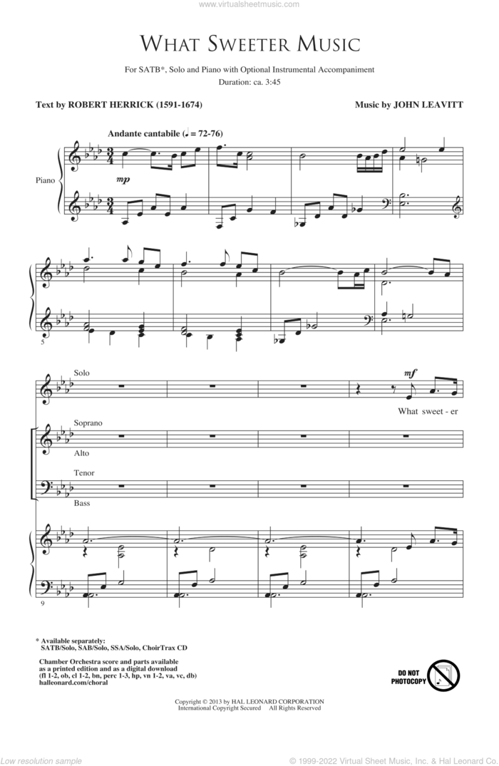 What Sweeter Music sheet music for choir (SATB: soprano, alto, tenor, bass) by John Leavitt and Robert Herrick, intermediate skill level