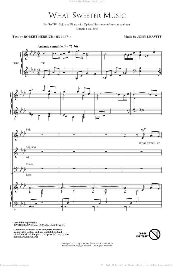 What Sweeter Music sheet music for choir (SATB: soprano, alto, tenor, bass) by John Leavitt and Robert Herrick, intermediate skill level